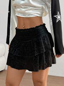 TRNVIE Women Lace Ruffle Hem Ruched Skirt