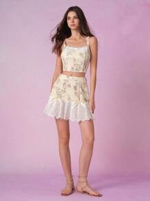 SHEIN MOD 2 Pieces Vintage Floral Lace Patchwork Set - Tie Cropped Top And Floral Print Midi Skirt, Resort Wear, Bohemian Women's Wear, Beachwear For Women, Vacation Outfits Women, - Multicolor - View 1