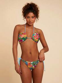 Travachic Tropical Print Tie-Side Bikini Bottom For Beach Holiday - Blue - View 4