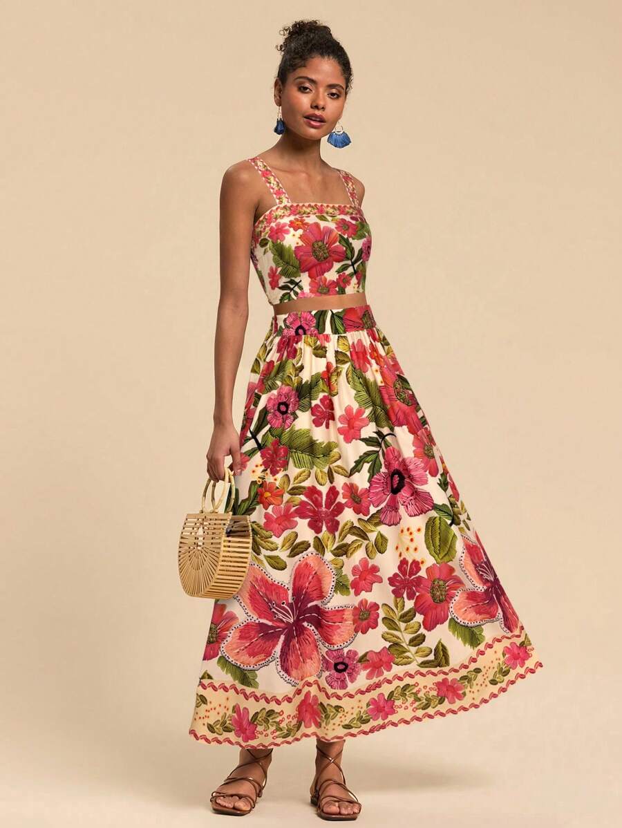 Travachic 女士花卉印花吊带背心和长裙两件套，休闲假日风格 - 杏色 - 查看 1