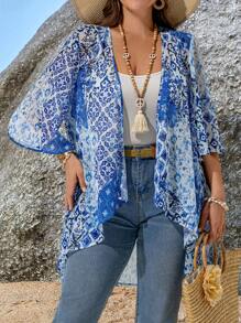 EMERY ROSE 大码女式花卉印花 3/4 袖宽松前开式休闲外套夏季女装热带度假女装秋冬超大码海滩褶边雪纺 - 彩色 - 查看 6