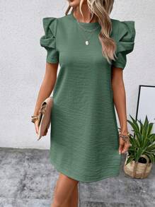SHEIN Clasi Solid Puff Sleeve Keyhole Back Dress Texture Fabric - Green - View 6