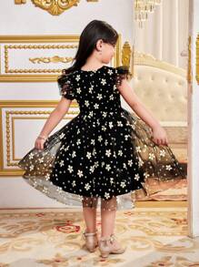 SHEIN Young Girl's Elegant Floral Print Round Neck Cap Sleeve Mesh Overlay Dress