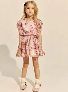 SHEIN Young Girls Elegant Pink Floral Woven Ruffle Hem Blouse / Double Layer Ruffle Hem Skirt Set, Spring/Summer - Multicolor - View 5