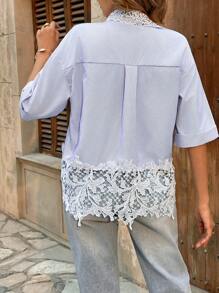 Chiquease 条纹花卉拼布休闲衬衫，简约时尚设计，适合日常穿着 - 藍色 - 查看 2