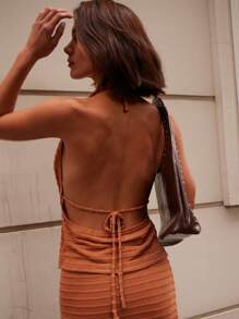 SHEIN Unity 露背吊带上衣 纹理面料 露背。Sprig Summer - 棕色 - 查看 2