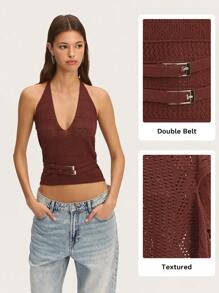 Nöista 女式吊带针织双金属扣节日服装 - 棕色 - 查看 1