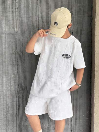 SHEIN Tween Boy Letter Patched Tee & Shorts, School, Campus, College