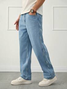 RueChic Men Light Blue Washed Patched Ripped Loose Fit Jeans - Blue - View 3