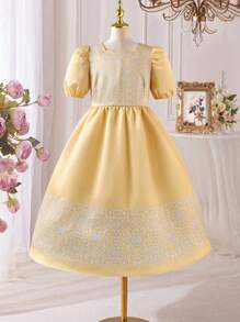 SHEIN Elegantes, bedrucktes Patchwork-Prinzessinnenkleid mit Puffärmeln für Tween-Mädchen