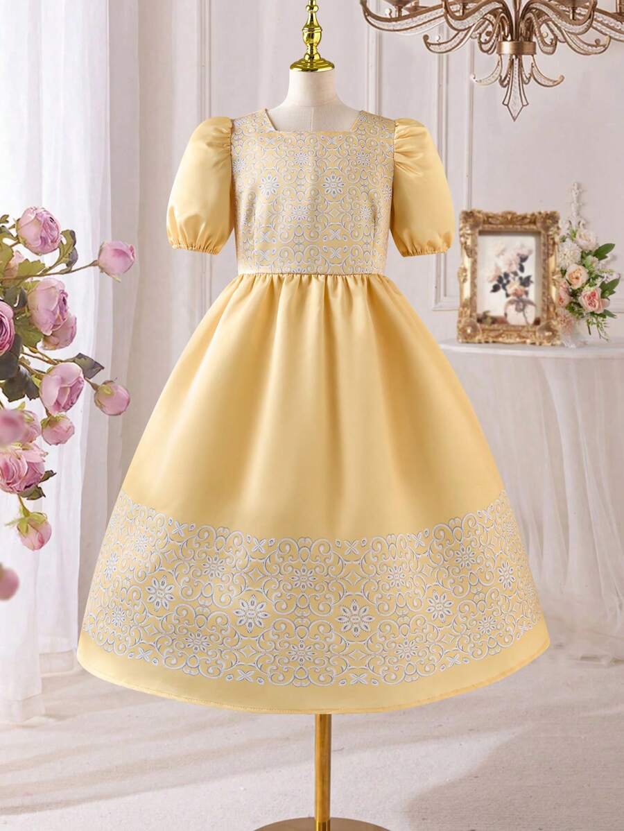 SHEIN Elegantes, bedrucktes Patchwork-Prinzessinnenkleid mit Puffärmeln für Tween-Mädchen