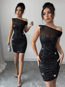 Chiquease Vestido mini asimétrico con diseño de malla y detalles metálicos, de moda
