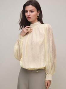 BizChic Damen Unifarbene Bluse mit Stehkragen und Langarm, minimalistisch & modisch für den Sommer - Aprikosenfarben - Übersicht 4