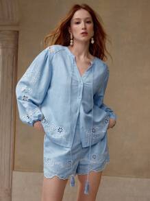 MOTF PREMIUM LINEN FLORAL EMBROIDERY SHORTS - Blue - View 5