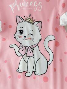 SHEIN Young Girl Crew Neck Contrast Ruffle Sleeve Cartoon Graphic Casual Cute Nightgown - Pink - View 5