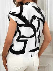 SHEIN Privé 女士印花系带领短袖衬衫 - 白色 - 查看 2