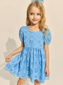 SHEIN Leap Crew Vestido mini elegante de color azul cielo sólido con mangas abullonadas y bordado para niñas, primavera/verano - Azul - Ver 4