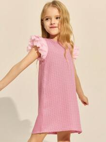 SHEIN Young Girls Elegant Pink Woven Ruffle Sleeve Round Neck Dress - Pink - View 3