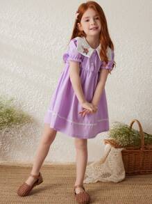 Blossori Gaun Tenun Kerah Lebar Longgar Elegan Gaya Prancis untuk Anak Perempuan Musim Semi/Panas dengan Bordir Bunga - Purple - View 3