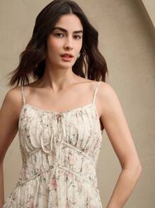 Anewsta Damen elegantes Kleid mit Blumen- und Schmetterlingsprint, Bindung in der Taille, sommerliche Brunch-Outfits für Festivals - Aprikosenfarben - Übersicht 3