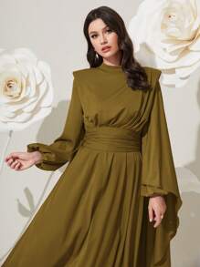 Modelyn 勃艮第红色女士纯色立领短袖阿拉伯朴素长袖连衣裙长款晚礼服