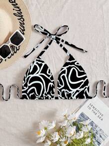 SHEIN Swim Curve 1 pieza Parte superior de traje de baño con estampado digital escote de atar informal y sexy para talla grande, apto para playa y resort