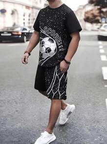 2pcs/Set Teen Boys' Soccer Ball & Letter Print T-Shirt And Shorts
