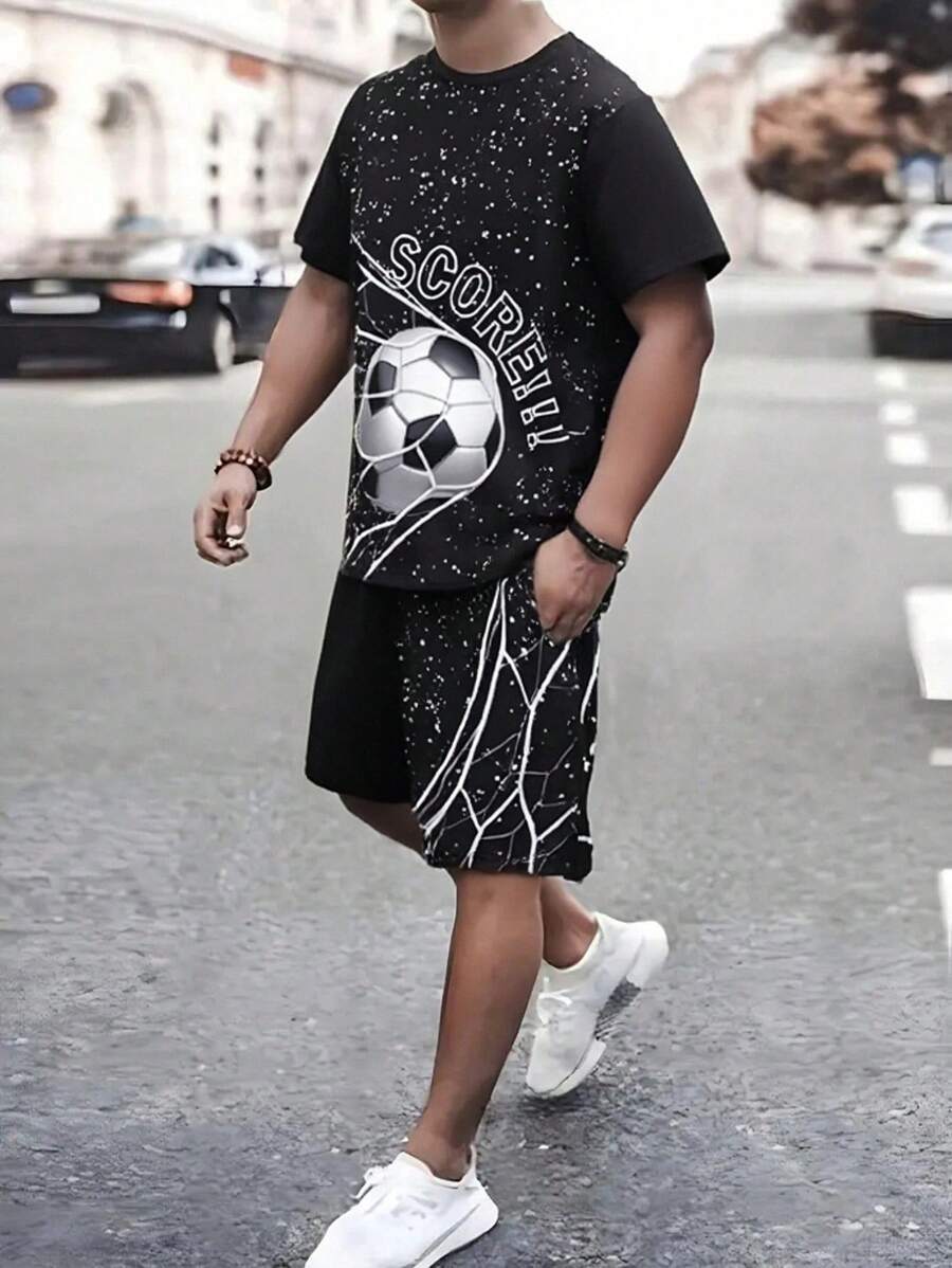 2pcs/Set Teen Boys' Soccer Ball & Letter Print T-Shirt And Shorts