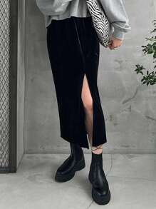 FRIFUL 女士丝绒直筒高开衩半身裙 秋冬款 - 黑色 - 查看 4