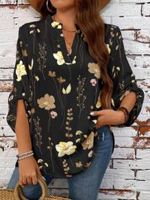 EMERY ROSE Plus Size Women Floral Print V-Neck Cuff Sleeve Vacation Shirt - Multicolor - View 7