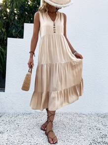 EMERY ROSE Button Detail Layered Hem Smock Dress Maxi Women Outfit - Apricot - View 6