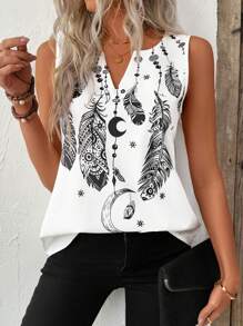 SHEIN LUNE Top sin mangas de verano para mujer, diseño de cuello hueco, estampado digital de plumas, tejido tejido, corte holgado casual, adecuado para el Ramadán y vacaciones