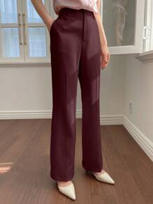 DAZY 女士纯色带口袋直筒商务休闲裤，女士低腰正装裤