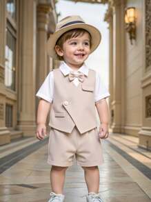 طقم سترة كاجوال بأسلوب أكاديمي رسمي من اللون الخاكي وشورت خصر مطاطي للأولاد الصغار، مناسب لحفلة عيد الميلاد، الحفلات المسائية، المناسبات، حفلات الأطفال، المعمودية وعودة للمدرسة - كاكي - مشاهدة 1