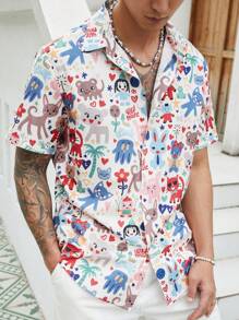 Manfinity Roghcode Men's Casual Daily Wear For Beach Vacations, Featuring A Classic Playful Illustration Design With Digital Prints Of Cute Cartoons Including Rabbits, Kittens, Puppies, Teddy Bears, Dolls, Coconut Trees, Hearts, Stars, And Flowers On A Relaxed Short-Sleeve Shirt, Cartoon Vacation Shirts - Multicolor - View 5