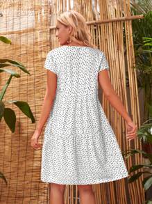 EMERY ROSE Women Heart & Polka Dot Print Crew Neck Short Sleeve Ruffle Hem A-Line Dress