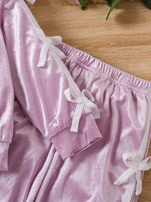 Set de 2 piezas de chaqueta y atuendo informal, cálido y lindo con decoración de moño, estilo universitario para niñas, apto para primavera y otoño - Púrpura malva - Ver 5