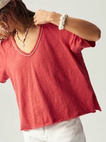 Bohemela BOHO Vacation Solid Color Knit V-Neck Short Sleeve Loose Backless Washed Women T-Shirt