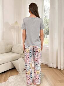 Conjunto de pijama de pantalón y manga corta con estampado de gato lindo para mujer - Multicolor - Ver 2