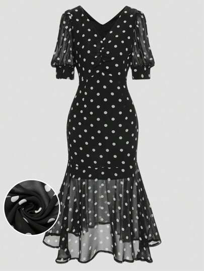 Rometta Plus Size Women's Black & White Polka Dot Mid-Sleeve Fishtail Hem Dress
