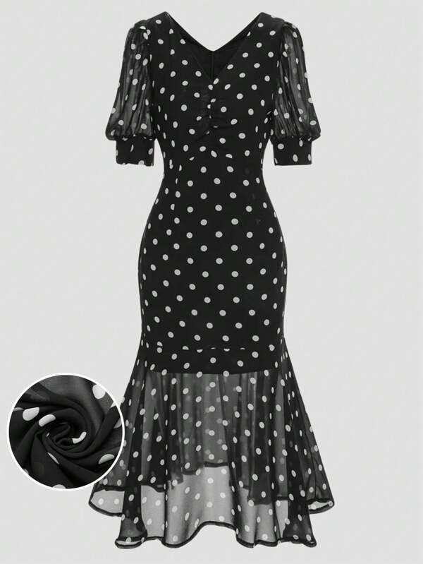 SHEIN Clasi Plus Size Women's Black & White Polka Dot Mid-Sleeve Fishtail Hem Dress