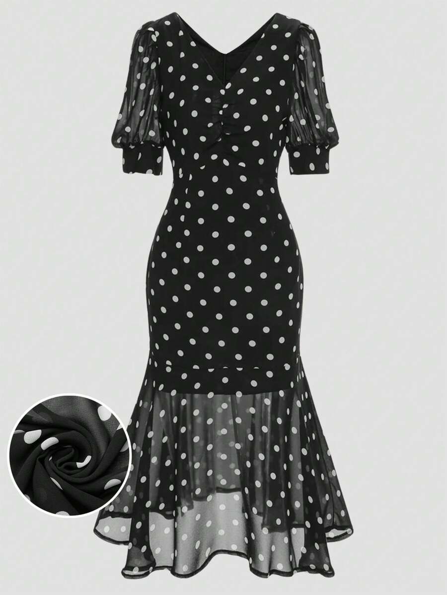 Rometta Plus Size Women's Black & White Polka Dot Mid-Sleeve Fishtail Hem Dress - Black - View 1
