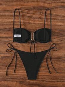 SHEIN Swim Bikini de dos piezas de unicolor con textura para vacaciones en la playa - Negro - Ver 2