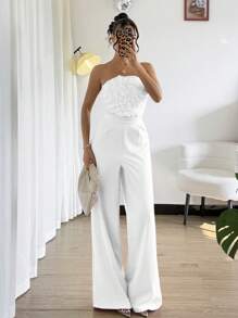 Rafferiza Women's Elegant Commuter Solid Color Floral Splicing Halter Jumpsuit - White - View 7