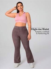 SHEIN Essnce Plus Size Brown Washed Denim Flare Jeans For Women: Soft, Stretchy, And Tummy-Control Design For All-Day Comfort - Brown - View 3