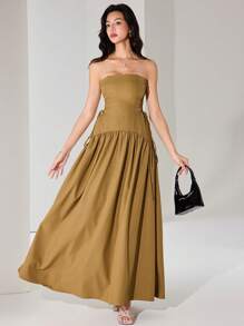 Modelyn Robe d'été élégante sans bretelles avec nœud à la taille, couleur kaki jaune. Robe de cocktail pour mariage, tenue d'été modeste pour femmes, dos nu et sexy - Kaki - Voir 5
