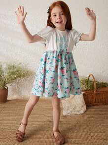 Blossori Young Girls' Spring/Summer French Elegant Floral Print Short Sleeve Dress