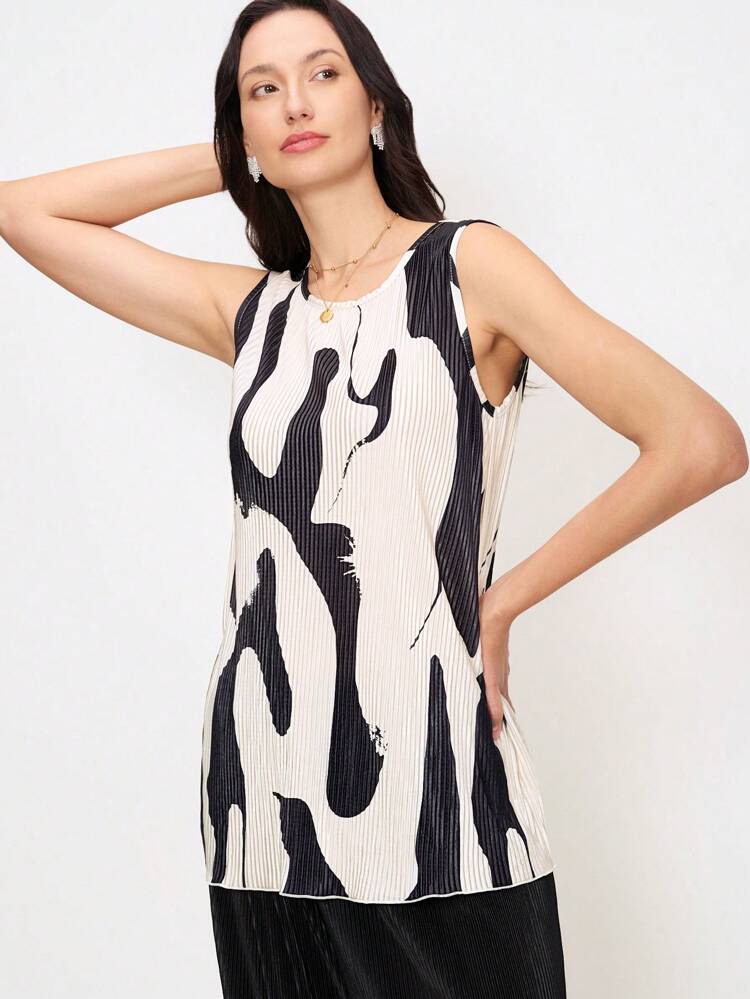 2pcs Women Casual Printed Round Neck Sleeveless Top And Pants Set
