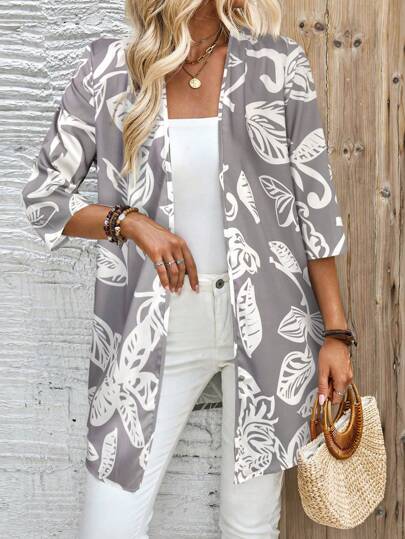 EMERY ROSE דפוס עלה צמח משוחרר של נשים מזדמן 3/4 חולצת קיץ שרוולים