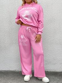 SHEIN CURVE+ Plus Size Star Print Hoodie And Sweatpants 2 Pieces Set - Pink - View 6